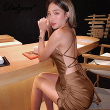 Load image into Gallery viewer, Dulzura Satin Women Strap Mini Dress Ruched Lace Up Cross Bandage Backless Bodycon Sexy Party Elegant Club Slim