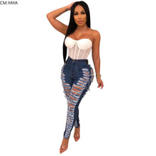 Cargar imagen en el visor de la galería, CM.YAYA, pantalones vaqueros para mujer, pantalones vaqueros Retro lisos sexis con agujeros, pantalones acampanados rasgados, pantalones ajustados de cintura alta para mujer