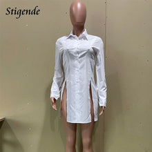 Cargar imagen en el visor de la galería, Stigende-Vestido corto camisero blanco de manga larga para mujer, vestido Sexy de fiesta nocturna con abertura lateral y cuello vuelto, Vestido corto con botones delanteros