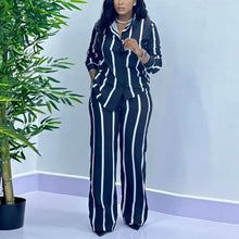 Load image into Gallery viewer, African Fashion Stripe Two Piece Set Women Spring Autumn Casual Button Long Sleeved Shirt Wide Leg Pants