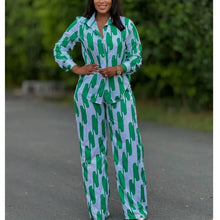 Charger l'image dans la galerie, African Fashion Stripe Printed Two Piece Set Women Spring Autumn Casual Button Long Sleeved Shirt Wide Leg Pants Set