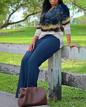 Charger l'image dans la galerie, Ensemble deux pièces pour femmes, tenue de printemps, imprimé marbre, col en v, manches longues, haut décontracté, taille haute, pantalon Long quotidien