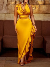 Load image into Gallery viewer, Autumn Dresses For Women Satin Halter Cowl Neck Ruffles Slit Backless Party Dress Casual Maxi Robe Female