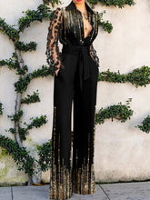 Load image into Gallery viewer, Spring Lady Long Sleeve Lace Up Romper Women Elegant Office Lapel Single-breasted Jumpsuit Shiny Patchwork Party Outfit Playsuit