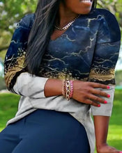 Charger l'image dans la galerie, Ensemble deux pièces pour femmes, tenue de printemps, imprimé marbre, col en v, manches longues, haut décontracté, taille haute, pantalon Long quotidien