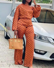Load image into Gallery viewer, Women's Two Piece Sets Outfit Elegant Polka Dot Print Lantern Sleeve Top & Pants Set New Fashion Summer Casual