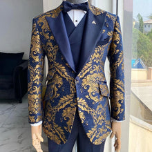 Load image into Gallery viewer, Floral Jacquard Suits for Men Wedding Slim Fit Navy Blue and Gold Gentleman Jacket with Vest Pant 3 Piece Male Costume