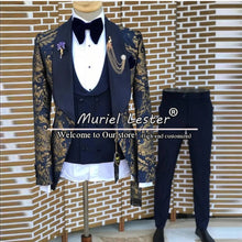 Load image into Gallery viewer, Vintage Wedding Suits Slim Fit Grooms Men Tuxedo Custom Made Navy Blue Wide Lapel Jacquard Floral Blazer+Vest+Trousers 3 Pieces