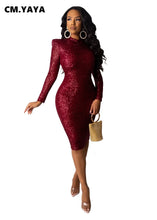 Load image into Gallery viewer, CM.YAYA Spring Winter Dress Women Sequined Sexy Full Sleeve Bodycon O-Neck Night Club Party Street Bandage Midi Pencil Dresses