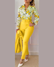 Load image into Gallery viewer, Casual Long Sleeve Shirt Pants Set Office Lady Fashion Elegant V Neck Floral Print Trousers Two Piece Set Women Outfit