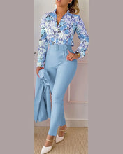 Load image into Gallery viewer, Casual Long Sleeve Shirt Pants Set Office Lady Fashion Elegant V Neck Floral Print Trousers Two Piece Set Women Outfit
