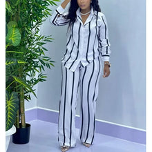 Load image into Gallery viewer, African Fashion Stripe Two Piece Set Women Spring Autumn Casual Button Long Sleeved Shirt Wide Leg Pants
