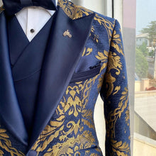 Load image into Gallery viewer, Floral Jacquard Suits for Men Wedding Slim Fit Navy Blue and Gold Gentleman Jacket with Vest Pant 3 Piece Male Costume