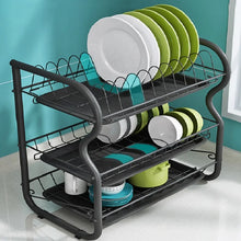 Cargar imagen en el visor de la galería, Estante de secado de acero inoxidable, estante para escurrir platos, organizador de cocina, escurridor de platos de 3 niveles, estante de cocina multifuncional