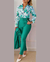 Load image into Gallery viewer, Casual Long Sleeve Shirt Pants Set Office Lady Fashion Elegant V Neck Floral Print Trousers Two Piece Set Women Outfit