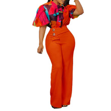 Cargar imagen en el visor de la galería, Novedad de verano, conjunto informal de dos piezas para mujer, conjuntos a juego, moda con personalidad, Camisa con estampado entallado + Pantalones rectos, conjunto de oficina