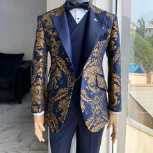 Load image into Gallery viewer, Floral Jacquard Suits for Men Wedding Slim Fit Navy Blue and Gold Gentleman Jacket with Vest Pant 3 Piece Male Costume
