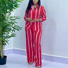 Load image into Gallery viewer, African Fashion Stripe Two Piece Set Women Spring Autumn Casual Button Long Sleeved Shirt Wide Leg Pants