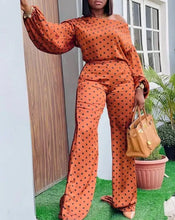 Load image into Gallery viewer, Women's Two Piece Sets Outfit Elegant Polka Dot Print Lantern Sleeve Top & Pants Set New Fashion Summer Casual