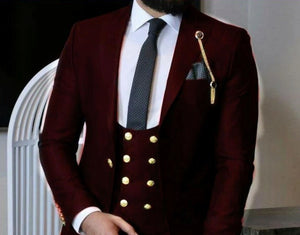 Último abrigo, diseño de pantalón, traje de terciopelo Borgoña para hombre, traje Formal de doble botonadura para boda, esmoquin de graduación para novio hecho a medida, tres piezas 