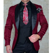 Charger l&#39;image dans la galerie, Tuxedo de mariage en Jacquard Floral rose pour marié, châle à revers, 3 pièces, coupe cintrée, costumes pour hommes, Blazer à la mode, gilet avec pantalon
