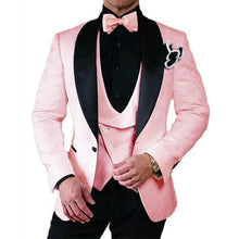 Charger l&#39;image dans la galerie, Tuxedo de mariage en Jacquard Floral rose pour marié, châle à revers, 3 pièces, coupe cintrée, costumes pour hommes, Blazer à la mode, gilet avec pantalon
