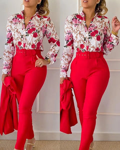 Conjunto informal de camisa de manga larga y pantalones para mujer, moda de oficina, pantalones elegantes con cuello en V y estampado Floral, conjunto de dos piezas 