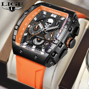 LIGE Fashion Silicone Men's Watches Skeleton Skull Big Dial Military Watch Men Chronograph Quartz Wrist Watch for Men Date Clock