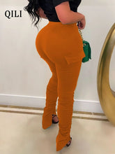 Charger l&#39;image dans la galerie, QILI taille haute empilés pantalons de survêtement femmes Joggers élastique été froncé Leggings cloche bas ourlet fendu Cargo pantalon
