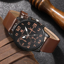 Cargar imagen en el visor de la galería, Conjunto de 5 uds. De relojes de pulsera deportivos a la moda para hombre, reloj de pulsera de cuarzo con esfera grande Retro, reloj clásico informal de cuero marrón para hombre
