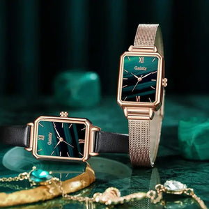 Marca Gaiety, relojes para mujer, reloj cuadrado de moda para mujer, conjunto de pulsera de cuarzo, esfera verde, malla de oro rosa Simple, relojes de lujo para mujer