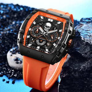 LIGE Fashion Silicone Men's Watches Skeleton Skull Big Dial Military Watch Men Chronograph Quartz Wrist Watch for Men Date Clock