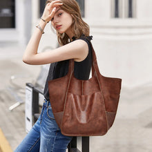 Load image into Gallery viewer, New style spliced plain leather soft leather casual large capacity shoulder handheld tote bag
