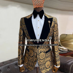 Trajes de moda para hombre, chaqueta de Jacquard Floral dorada ajustada, chaqueta cruzada hecha a medida, ropa de esmoquin para boda y padrino de boda 