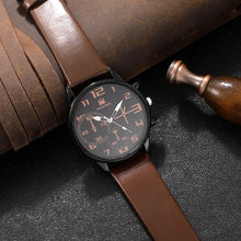 Cargar imagen en el visor de la galería, Conjunto de 5 uds. De relojes de pulsera deportivos a la moda para hombre, reloj de pulsera de cuarzo con esfera grande Retro, reloj clásico informal de cuero marrón para hombre
