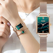 Cargar imagen en el visor de la galería, Marca Gaiety, relojes para mujer, reloj cuadrado de moda para mujer, conjunto de pulsera de cuarzo, esfera verde, malla de oro rosa Simple, relojes de lujo para mujer
