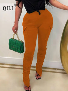 QILI taille haute empilés pantalons de survêtement femmes Joggers élastique été froncé Leggings cloche bas ourlet fendu Cargo pantalon