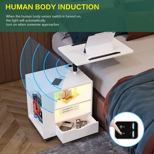 HNEBC Auto LED Nightstand with 2USB Charging Station,White Nightstand Has Adjustable Rotary Table,Bedside Tables with One Drawer