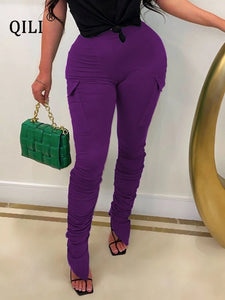 QILI taille haute empilés pantalons de survêtement femmes Joggers élastique été froncé Leggings cloche bas ourlet fendu Cargo pantalon