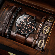 Cargar imagen en el visor de la galería, Conjunto de 5 uds. De relojes de pulsera deportivos a la moda para hombre, reloj de pulsera de cuarzo con esfera grande Retro, reloj clásico informal de cuero marrón para hombre
