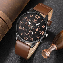 Cargar imagen en el visor de la galería, Conjunto de 5 uds. De relojes de pulsera deportivos a la moda para hombre, reloj de pulsera de cuarzo con esfera grande Retro, reloj clásico informal de cuero marrón para hombre
