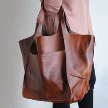 Load image into Gallery viewer, New style spliced plain leather soft leather casual large capacity shoulder handheld tote bag
