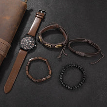 Cargar imagen en el visor de la galería, Conjunto de 5 uds. De relojes de pulsera deportivos a la moda para hombre, reloj de pulsera de cuarzo con esfera grande Retro, reloj clásico informal de cuero marrón para hombre
