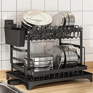 2 Tier Dish Drying Rack Kitchen Counter Dish Organizer Rack With Drainboard And Utensil Holders Carbon Steel Dish Drainer Set