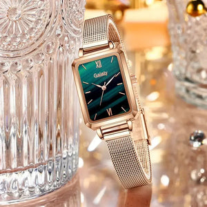 Marca Gaiety, relojes para mujer, reloj cuadrado de moda para mujer, conjunto de pulsera de cuarzo, esfera verde, malla de oro rosa Simple, relojes de lujo para mujer