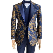 Charger l&#39;image dans la galerie, Costumes Jacquard floraux pour hommes, coupe cintrée de mariage, bleu marine et or, veste pour homme avec gilet et pantalon, Costume masculin 3 pièces 
