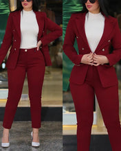 Charger l&#39;image dans la galerie, Ensembles de pantalons de bureau formels femmes 2 pièces Double boutonnage solide Blazers veste et pantalon deux pièces ensemble femmes pantalons costumes ensembles
