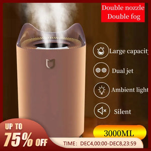 3000Ml Dual Jet Air Humidifier Large Capacity Atomizer Ultrasonic Aroma Diffuser Cool Mist Maker Air Humificador Purifier