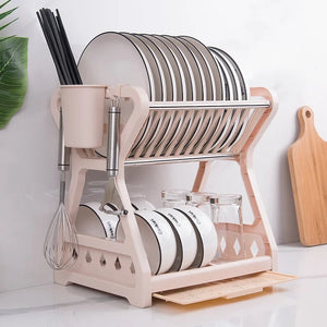 Dish Drainer Dish Drying Rack Kitchen Storage Double Layer Dish Drainer Shelf Knife Fork Container Holder Cutting Board Stand