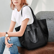 Load image into Gallery viewer, New style spliced plain leather soft leather casual large capacity shoulder handheld tote bag
